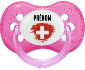 Drapeau effet pinceau Suisse avec prénom Sucette Cerise Rose à paillette