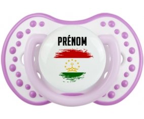 Drapeau effet pinceau Tadjikistan avec prénom Tétine LOVI Dynamic Blanc-mauve classique