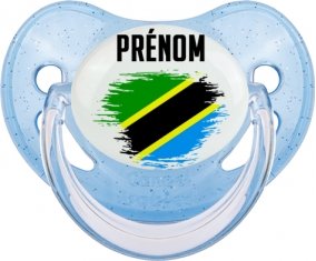 Drapeau effet pinceau Tanzanie avec prénom Sucette Physiologique Bleue à paillette