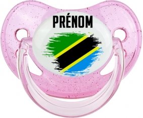 Drapeau effet pinceau Tanzanie avec prénom Sucette Physiologique Rose à paillette