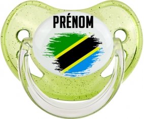 Drapeau effet pinceau Tanzanie avec prénom Sucette Physiologique Vert à paillette