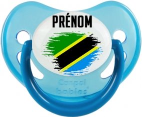Drapeau effet pinceau Tanzanie avec prénom Sucette Physiologique Bleue phosphorescente