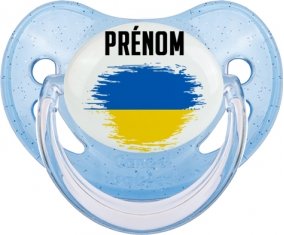 Drapeau effet pinceau Ukraine avec prénom Sucette Physiologique Bleue à paillette