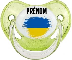 Drapeau effet pinceau Ukraine avec prénom Sucette Physiologique Vert à paillette