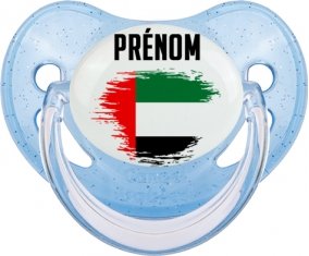 Drapeau effet pinceau Emirats Arabes Unis avec prénom Tétine Physiologique Bleue à paillette