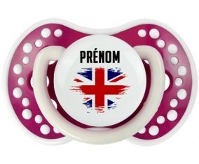 Drapeau effet pinceau Royaume-Uni avec prénom Tétine LOVI Dynamic Fuchsia phosphorescente