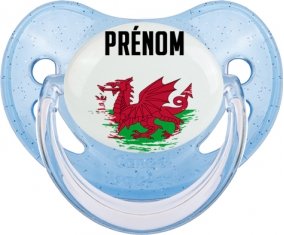 Drapeau effet pinceau Pays de Galles avec prénom Sucette Physiologique Bleue à paillette