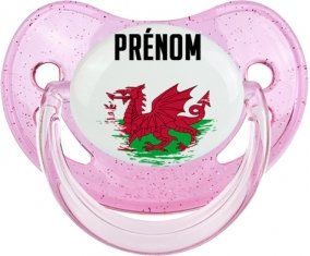 Drapeau effet pinceau Pays de Galles avec prénom Sucette Physiologique Rose à paillette