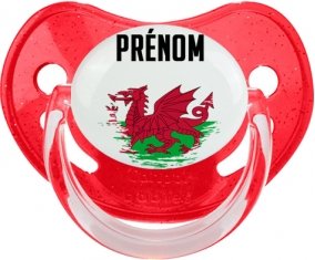 Drapeau effet pinceau Pays de Galles avec prénom Sucette Physiologique Rouge à paillette
