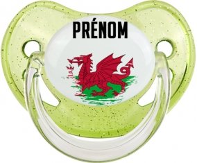 Drapeau effet pinceau Pays de Galles avec prénom Sucette Physiologique Vert à paillette