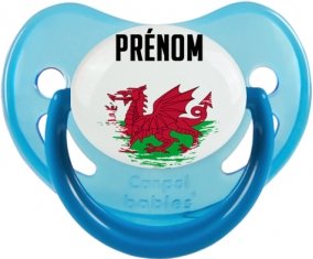 Drapeau effet pinceau Pays de Galles avec prénom Sucette Physiologique Bleue phosphorescente