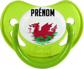 Drapeau effet pinceau Pays de Galles avec prénom Sucette Physiologique Vert phosphorescente