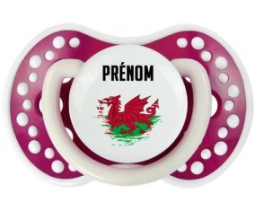 Drapeau effet pinceau Pays de Galles avec prénom Sucette LOVI Dynamic Fuchsia phosphorescente