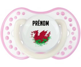 Drapeau effet pinceau Pays de Galles avec prénom Sucette LOVI Dynamic Blanc-rose phosphorescente