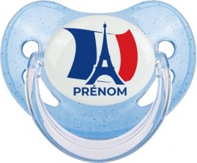 Drapreau France + Tour Eiffel avec prénom Sucette Physiologique Bleue à paillette