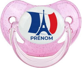 Drapreau France + Tour Eiffel avec prénom Sucette Physiologique Rose à paillette