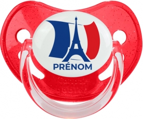 Drapreau France + Tour Eiffel avec prénom Sucette Physiologique Rouge à paillette
