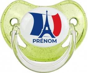 Drapreau France + Tour Eiffel avec prénom Sucette Physiologique Vert à paillette