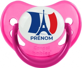 Drapreau France + Tour Eiffel avec prénom Sucette Physiologique Rose phosphorescente