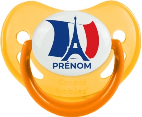 Drapreau France + Tour Eiffel avec prénom Sucette Physiologique Jaune phosphorescente