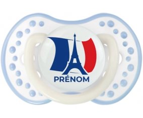 Drapreau France + Tour Eiffel avec prénom Sucette LOVI Dynamic Blanc-cyan classique
