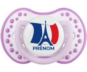 Drapreau France + Tour Eiffel avec prénom Sucette LOVI Dynamic Blanc-mauve classique