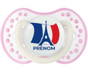 Drapreau France + Tour Eiffel avec prénom Sucette LOVI Dynamic Blanc-rose phosphorescente