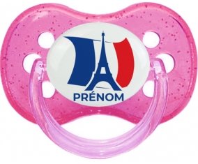 Drapreau France + Tour Eiffel avec prénom Tétine Cerise Rose à paillette