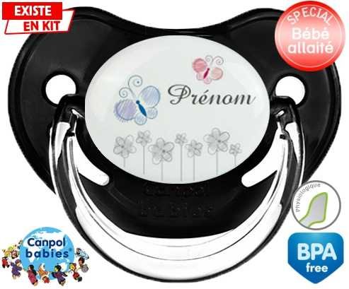 Tige fleur grise + prénom: Sucette Physiologique-su7.fr