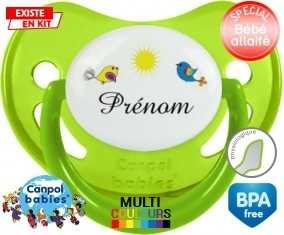 Oiseau et soleil + prénom: Sucette Physiologique-su7.fr