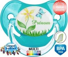 Fleur et papillon + prénom : Sucette Physiologique personnalisée