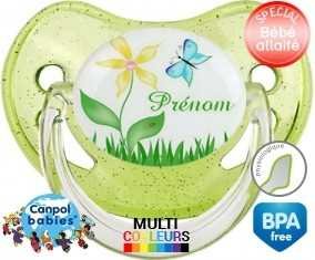 Fleur et papillon + prénom: Sucette Physiologique-su7.fr