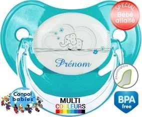 Eléphant bleu tendre + prénom : Sucette Physiologique personnalisée