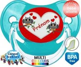 Hibou et cœur + prénom : Sucette Physiologique personnalisée