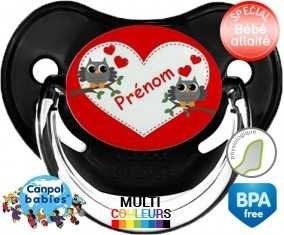 Hibou et cœur + prénom: Sucette Physiologique-su7.fr