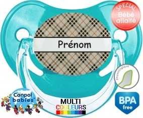 Ecossais beige + prénom : Sucette Physiologique personnalisée