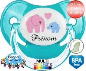 Elphants bleu et rose + prénom : Sucette Physiologique personnalisée