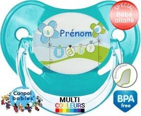 Baby bleu fleurs + prénom : Sucette Physiologique personnalisée