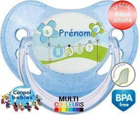Baby bleu fleurs + prénom: Sucette Physiologique-su7.fr