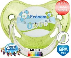 Baby bleu fleurs + prénom: Sucette Physiologique-su7.fr