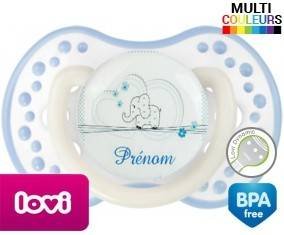 Eléphant bleu tendre + prénom: Sucette LOVI Dynamic-su7.fr