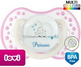 Eléphant bleu tendre + prénom: Sucette LOVI Dynamic-su7.fr