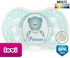 Ourson bleu + prénom: Sucette LOVI Dynamic-su7.fr