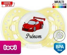 Voiture de course rouge + prénom: Sucette LOVI Dynamic-su7.fr
