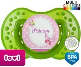 Papillon rose + prénom : Sucette LOVI Dynamic personnalisée