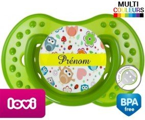 Tetine Hibou et fond rose + prénom embout LOVI Dynamic personnalisée