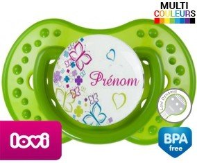 Tetine Papillons et fleurs + prénom embout LOVI Dynamic personnalisée