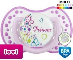 Papillons et fleurs + prénom: Sucette LOVI Dynamic-su7.fr