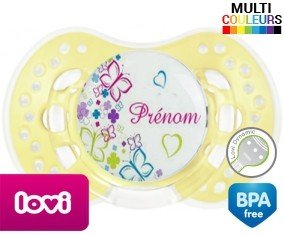 Papillons et fleurs + prénom: Sucette LOVI Dynamic-su7.fr