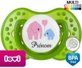 Tetine Elphants bleu et rose + prénom embout LOVI Dynamic personnalisée